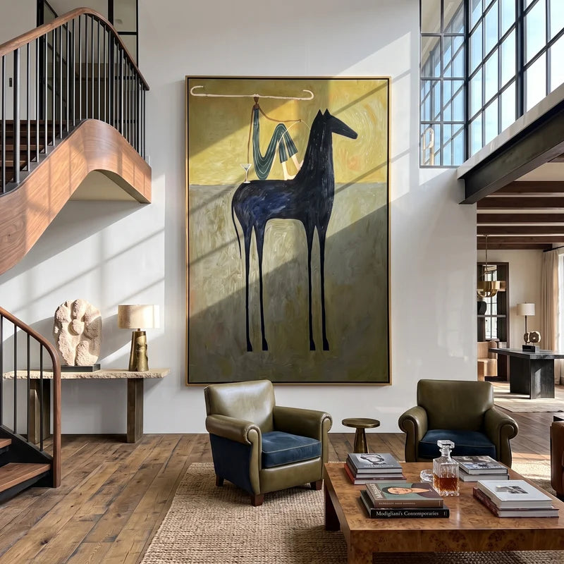 Longhorn Rider Black Horse Wall Art – Whimsical Western Painting#yy825038