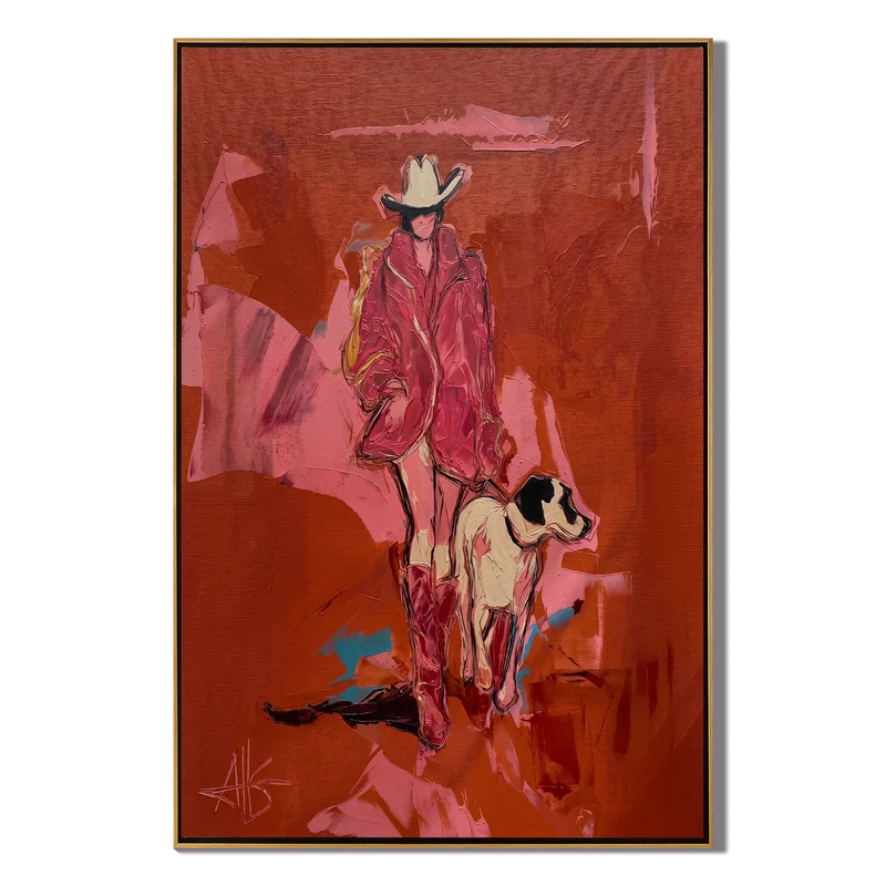 Red Cowgirl and Ranch Dog Wall Art – Modern Western Painting#yy825039
