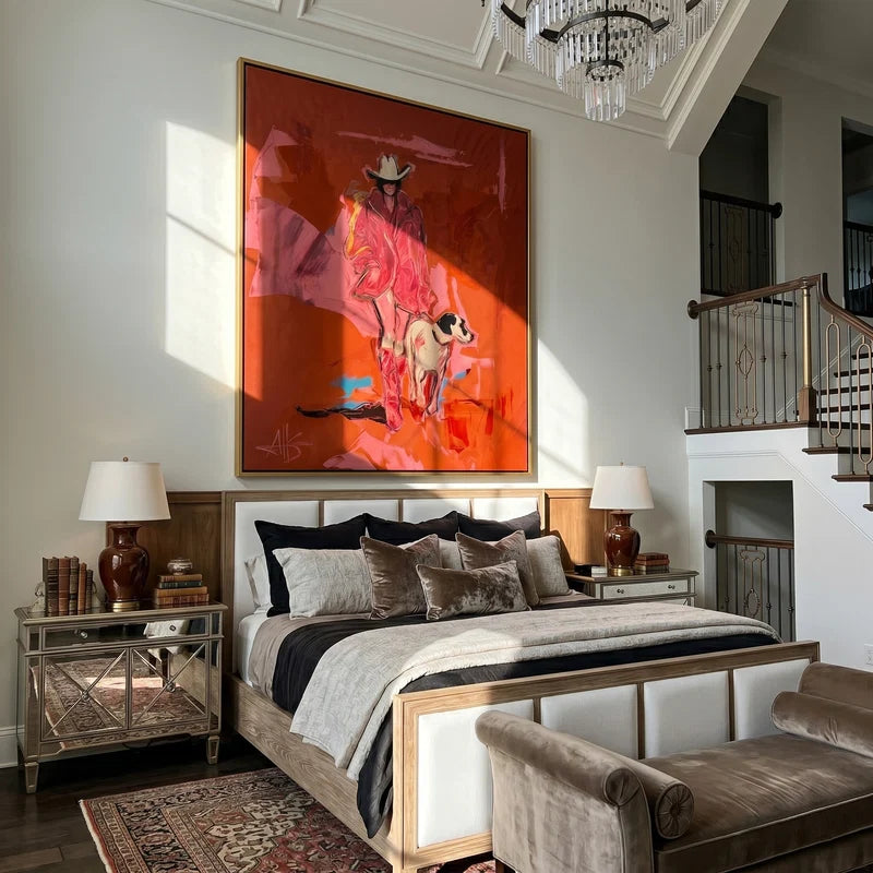 Red Cowgirl and Ranch Dog Wall Art – Modern Western Painting#yy825039