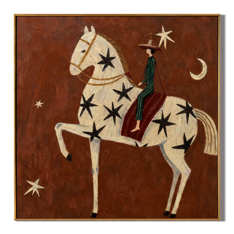 Starry White Horse Rider Wall Art – Celestial Western Painting#yy825040