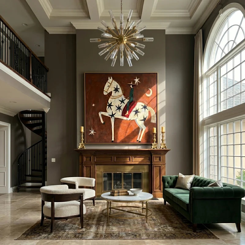 Starry White Horse Rider Wall Art – Celestial Western Painting#yy825040