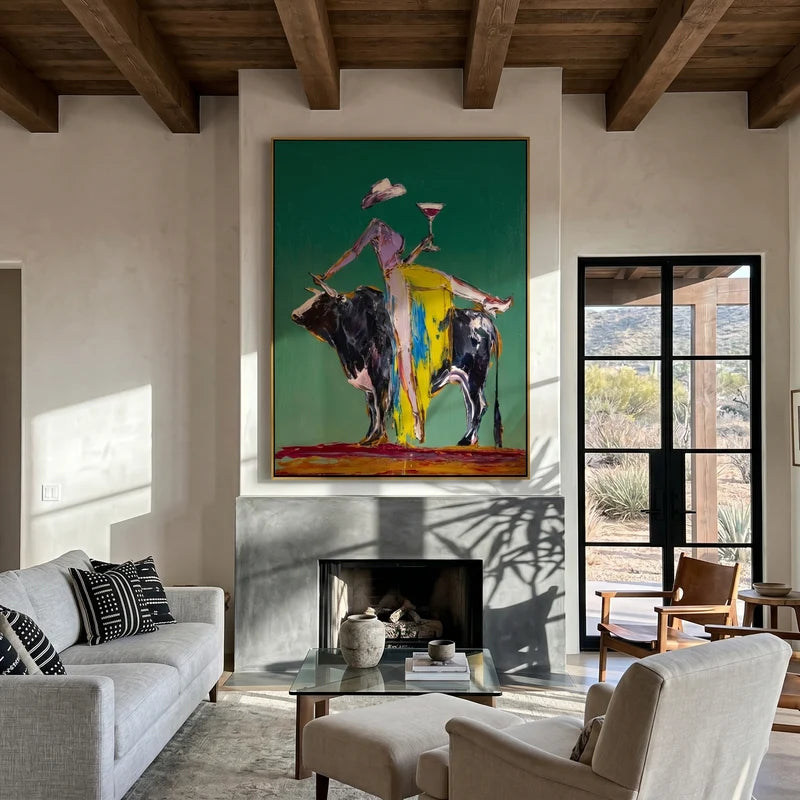 Cocktail Cowgirl on Bull Wall Art – Colorful Western Painting#yy825043