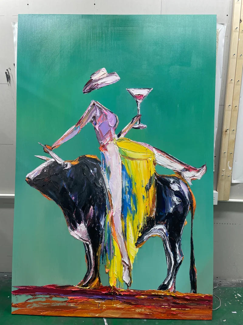 Cocktail Cowgirl on Bull Wall Art – Colorful Western Painting#yy825043