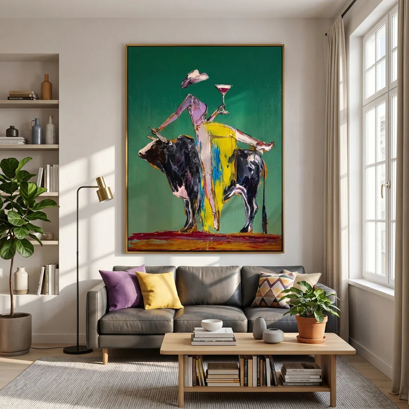 Cocktail Cowgirl on Bull Wall Art – Colorful Western Painting#yy825043