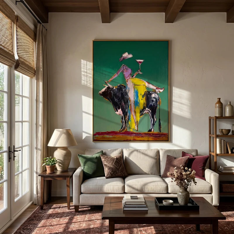 Cocktail Cowgirl on Bull Wall Art – Colorful Western Painting#yy825043