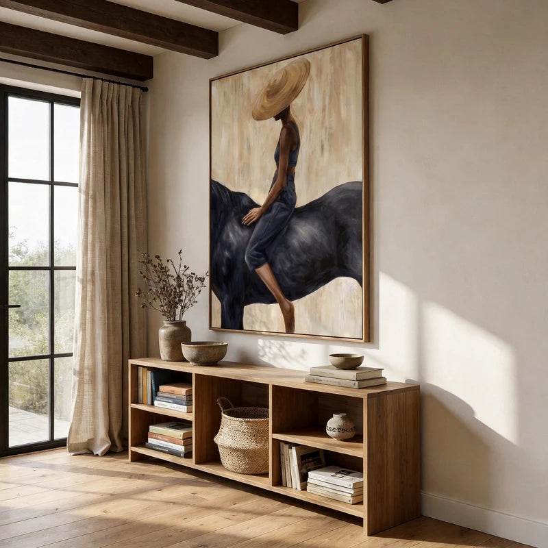 Woman on Black Horse Wall Art – Wide Brim Hat Equestrian Portrait#yy825044