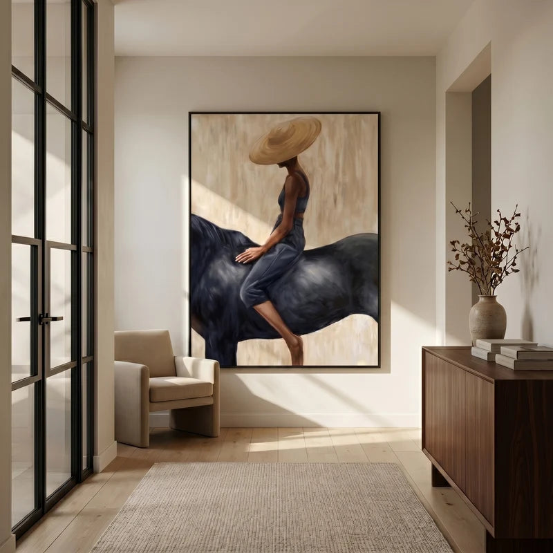 Woman on Black Horse Wall Art – Wide Brim Hat Equestrian Portrait#yy825044