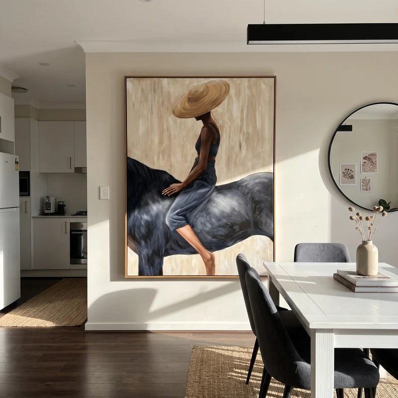 Woman on Black Horse Wall Art – Wide Brim Hat Equestrian Portrait#yy825044