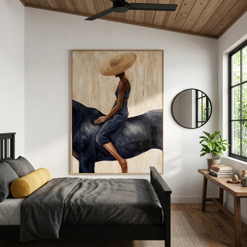 Woman on Black Horse Wall Art – Wide Brim Hat Equestrian Portrait#yy825044