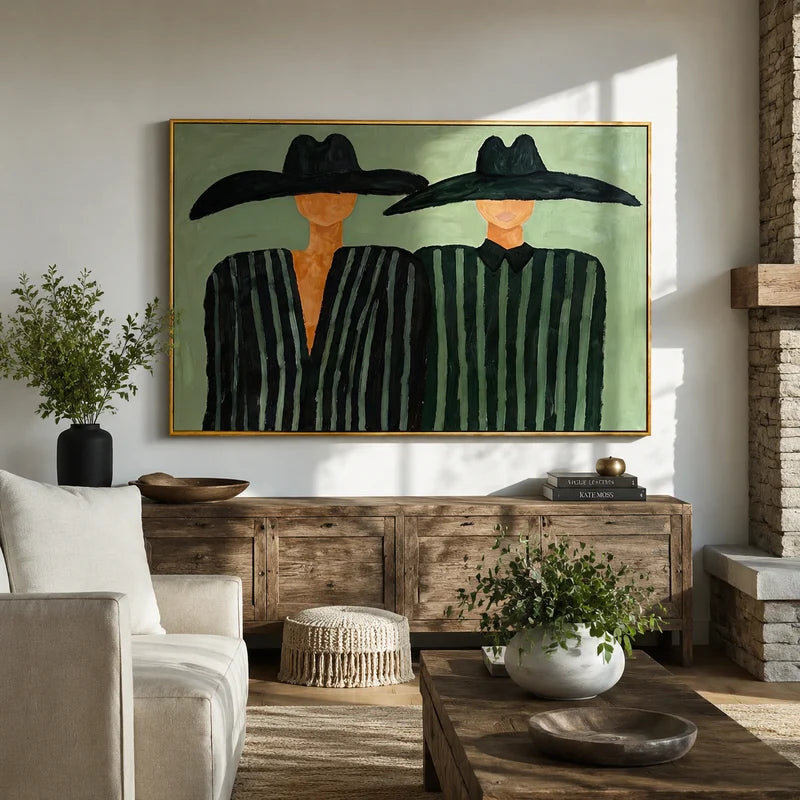 Western Couple Wall Art – Black Hat Striped Portrait#yy825045