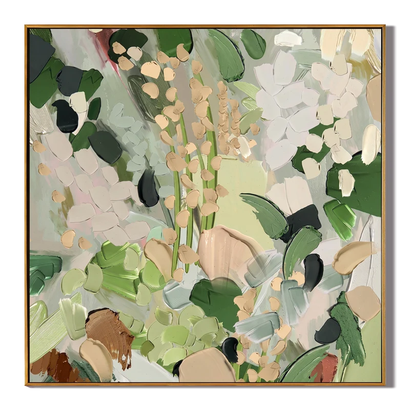 Sage & Cream Abstract Garden Wall Art – Square Botanical Painting#yy825050