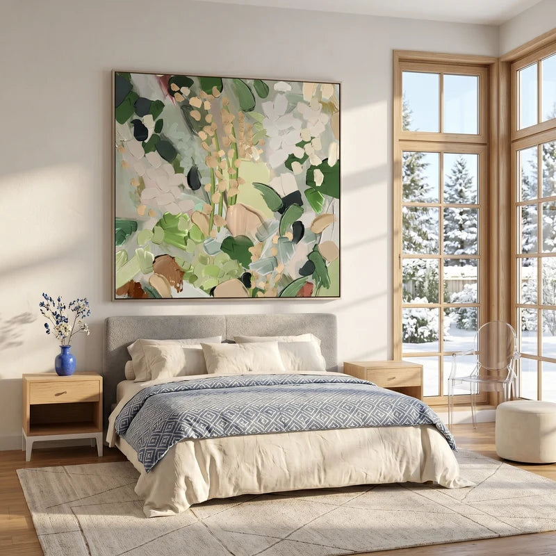 Sage & Cream Abstract Garden Wall Art – Square Botanical Painting#yy825050