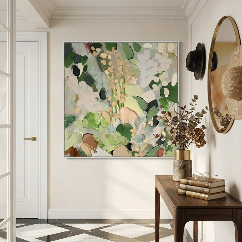 Sage & Cream Abstract Garden Wall Art – Square Botanical Painting#yy825050