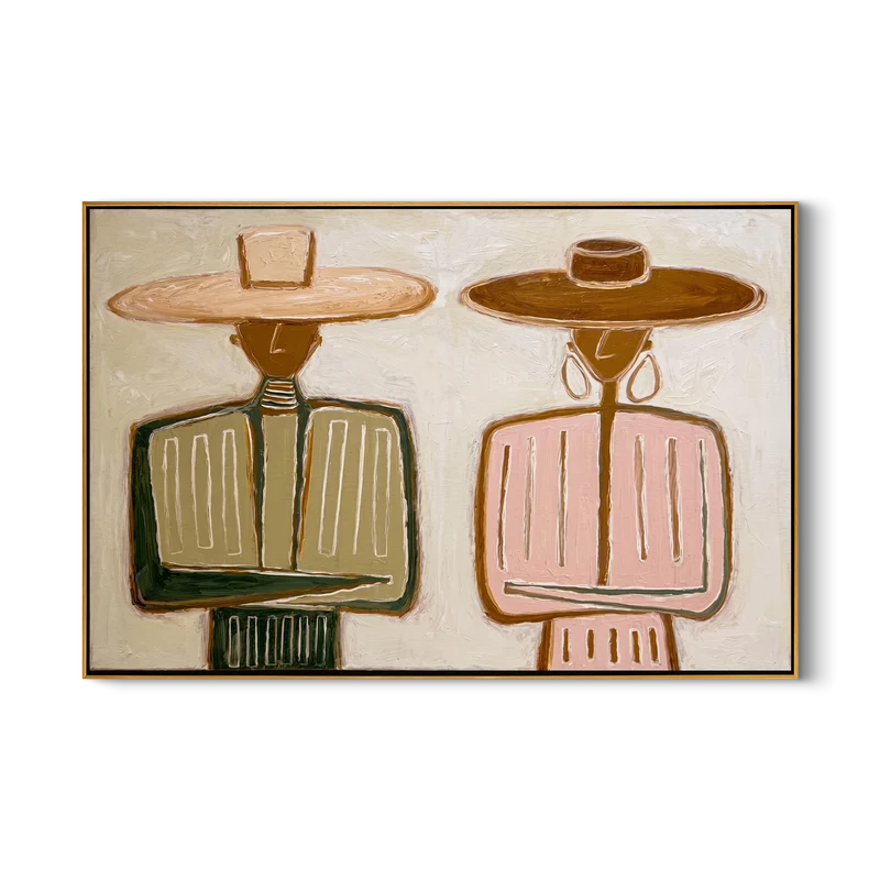 Western Couple Wall Art – Pink & Green Folk Portrait#yy825055