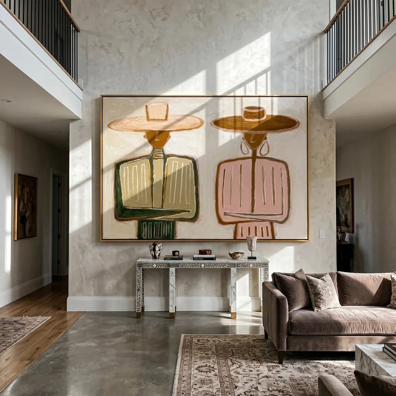 Western Couple Wall Art – Pink & Green Folk Portrait#yy825055