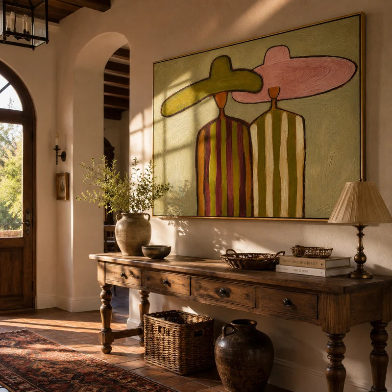 Oversized Hat Couple Wall Art – Pink & Olive Folk Portrait#yy825056
