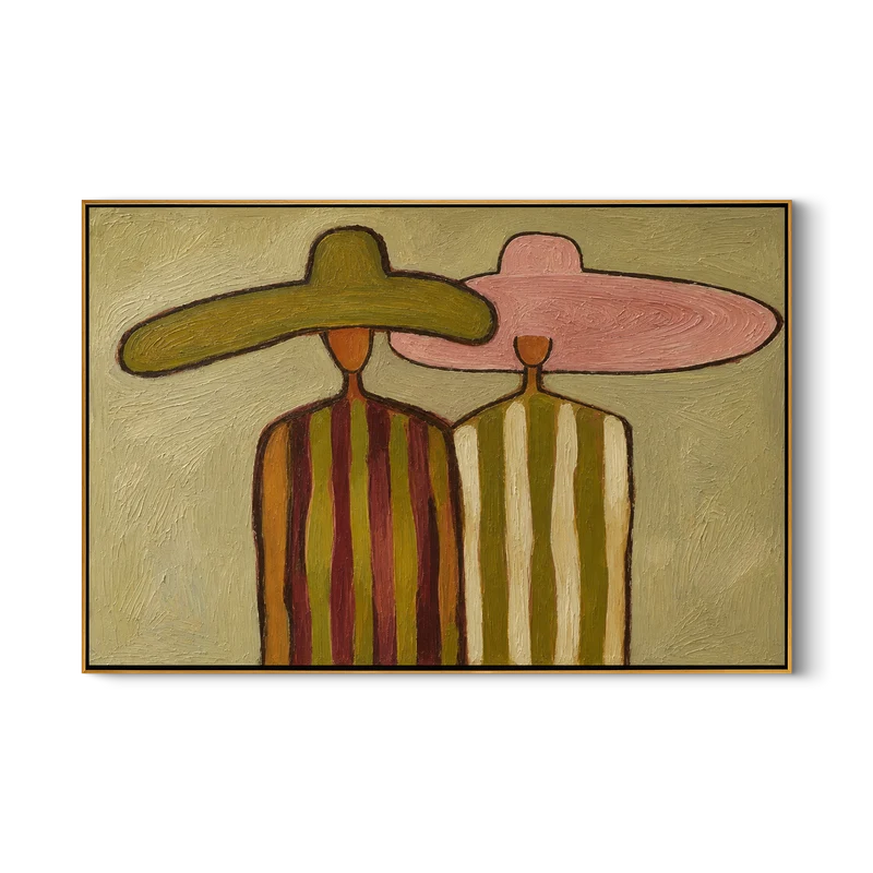 Oversized Hat Couple Wall Art – Pink & Olive Folk Portrait#yy825056
