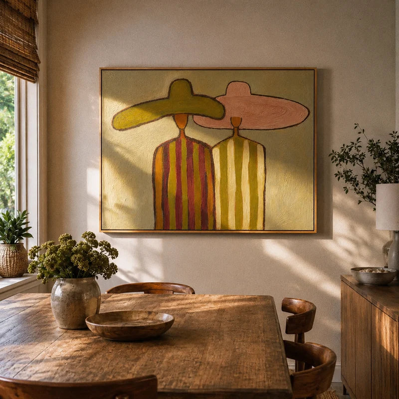 Oversized Hat Couple Wall Art – Pink & Olive Folk Portrait#yy825056