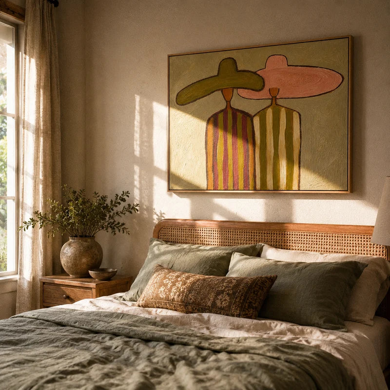 Oversized Hat Couple Wall Art – Pink & Olive Folk Portrait#yy825056