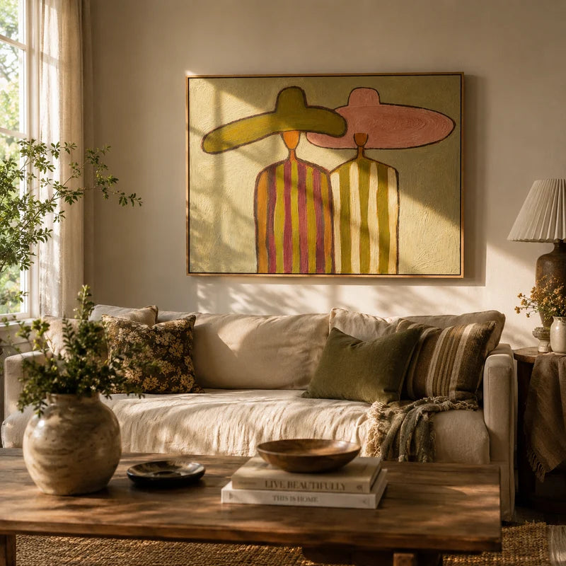 Oversized Hat Couple Wall Art – Pink & Olive Folk Portrait#yy825056