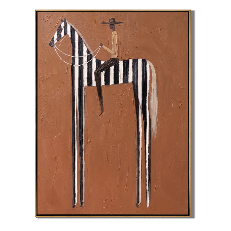 Striped Horse Rider Wall Art – Terracotta Western Painting#yy825057