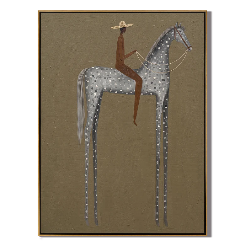 Gray Spotted Horse Rider Wall Art – Neutral Equestrian Painting#yy825058