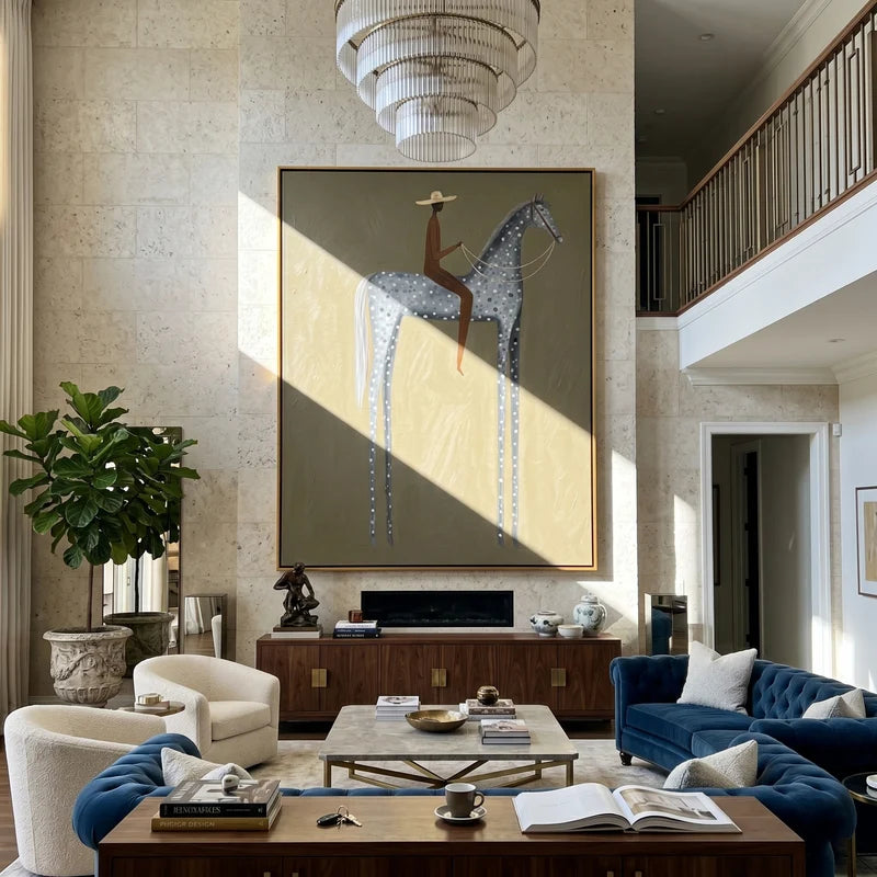 Gray Spotted Horse Rider Wall Art – Neutral Equestrian Painting#yy825058