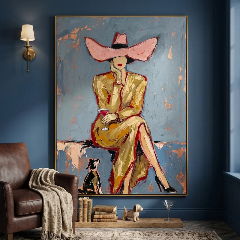 Pink Hat Cowgirl Cocktail Wall Art – Gold Dress & Black Cat#yy825061