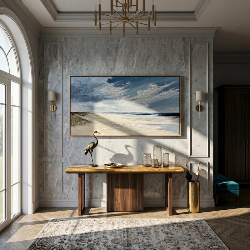 Coastal Beach Wall Art – Blue Sky & Sandy Shore Painting#yy825066