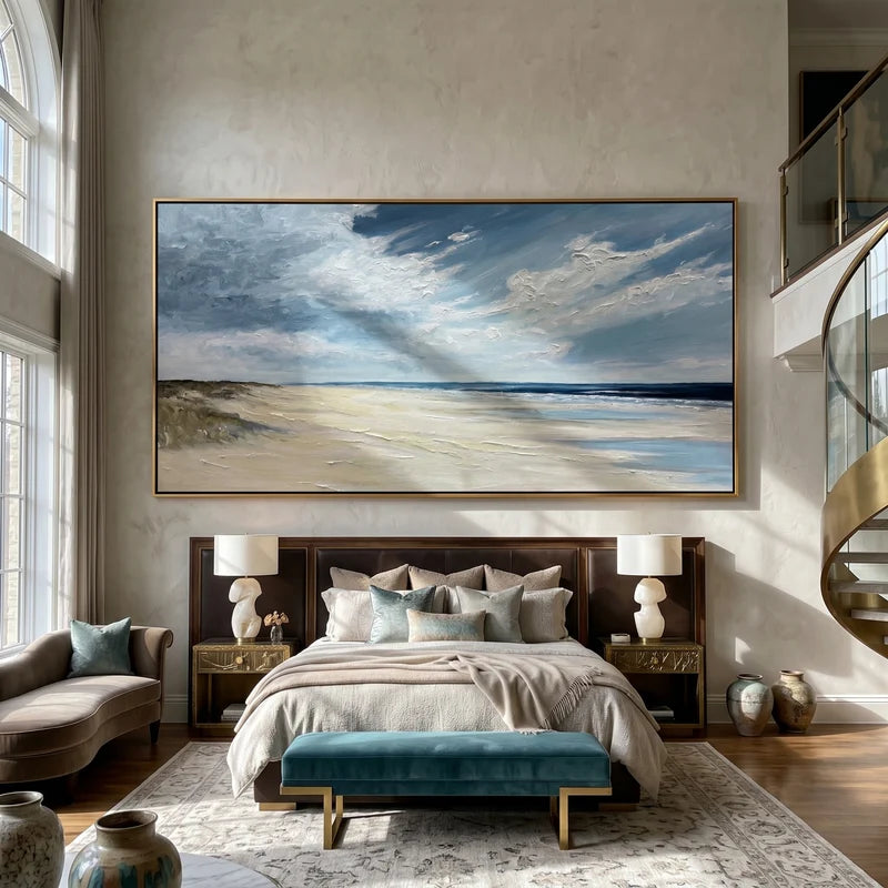 Coastal Beach Wall Art – Blue Sky & Sandy Shore Painting#yy825066