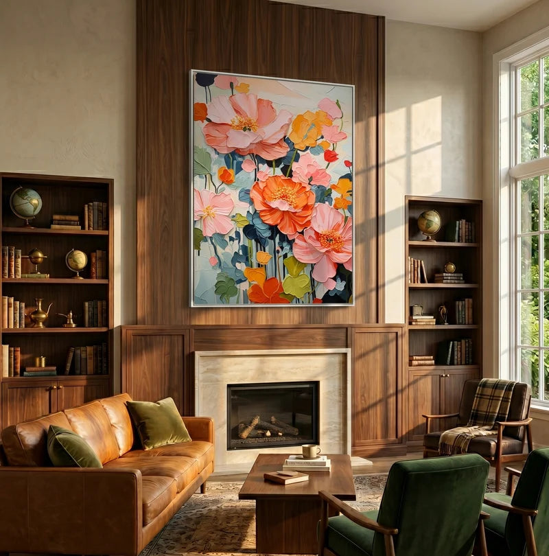 Pink & Orange Poppy Wall Art – Colorful Floral Painting#yy825067