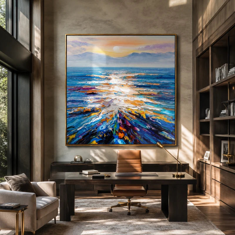 Sunlit Horizon Ocean Wall Art – Colorful Textured Seascape#yy825074
