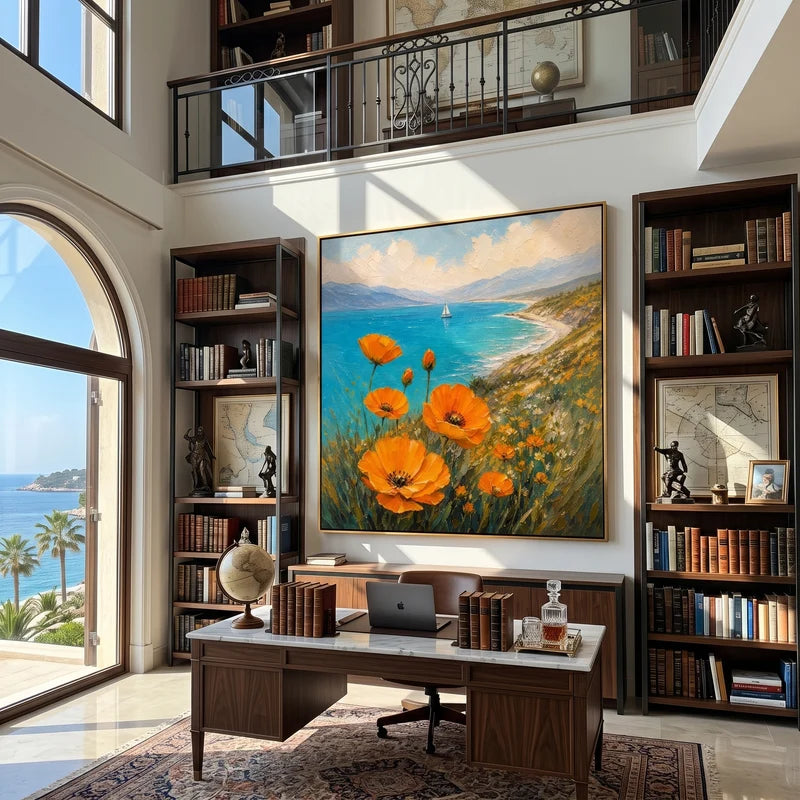 Orange Poppy Coastal Wall Art – Turquoise Bay & Sailboat Painting#yy825076
