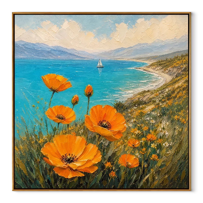 Orange Poppy Coastal Wall Art – Turquoise Bay & Sailboat Painting#yy825076