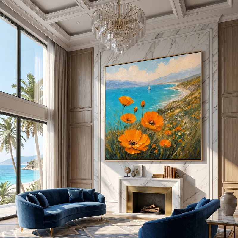 Orange Poppy Coastal Wall Art – Turquoise Bay & Sailboat Painting#yy825076