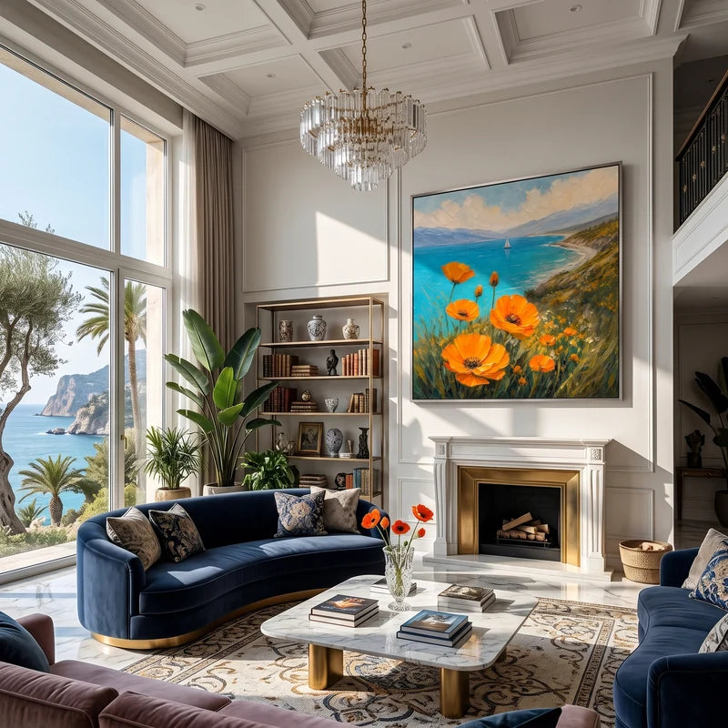 Orange Poppy Coastal Wall Art – Turquoise Bay & Sailboat Painting#yy825076
