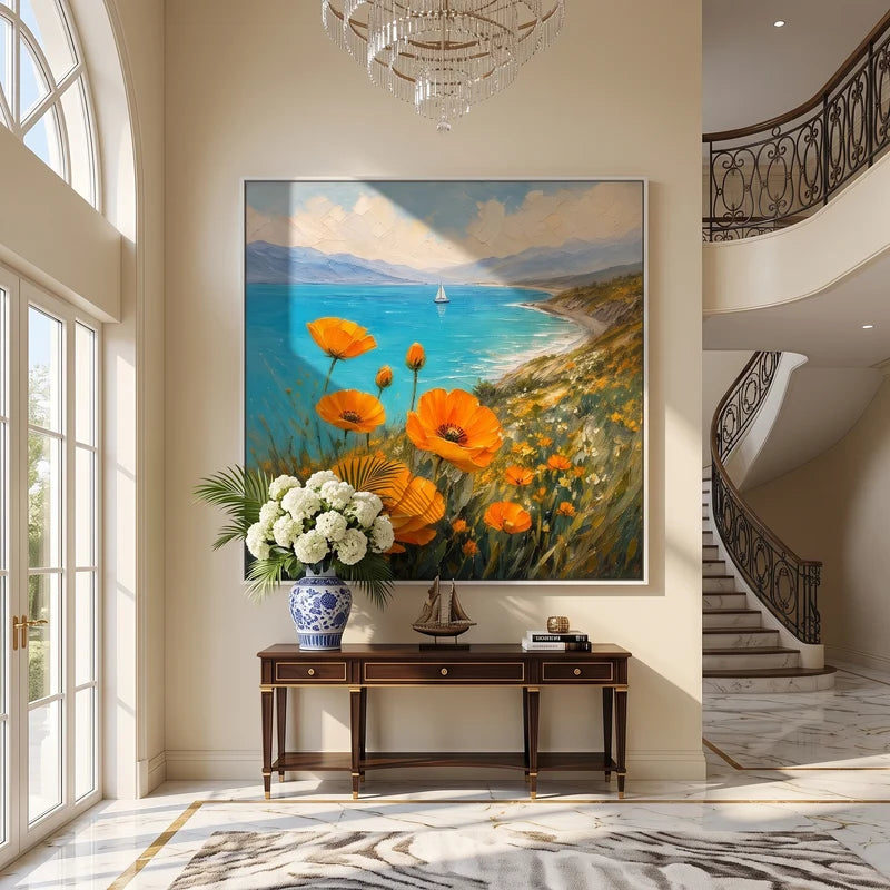 Orange Poppy Coastal Wall Art – Turquoise Bay & Sailboat Painting#yy825076