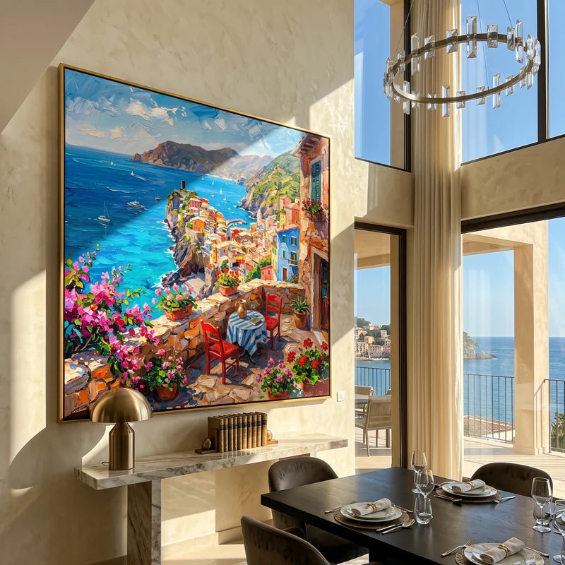 Italian Coast Wall Art – Colorful Mediterranean Terrace Painting#yy825077