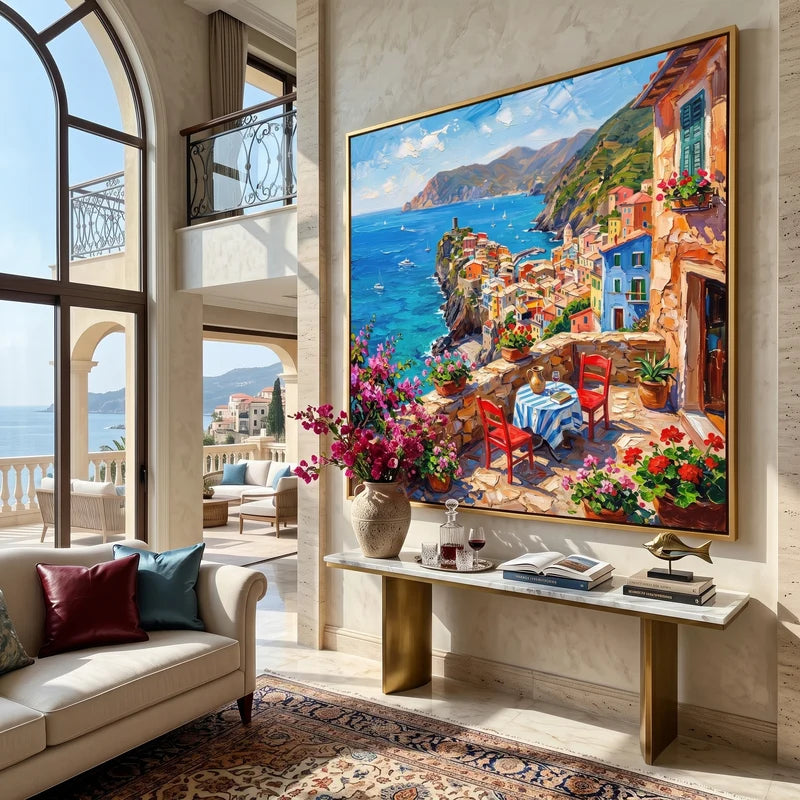 Italian Coast Wall Art – Colorful Mediterranean Terrace Painting#yy825077
