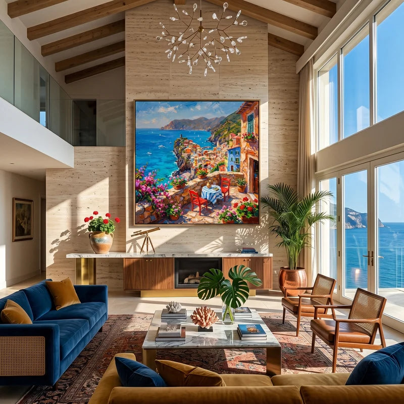 Italian Coast Wall Art – Colorful Mediterranean Terrace Painting#yy825077