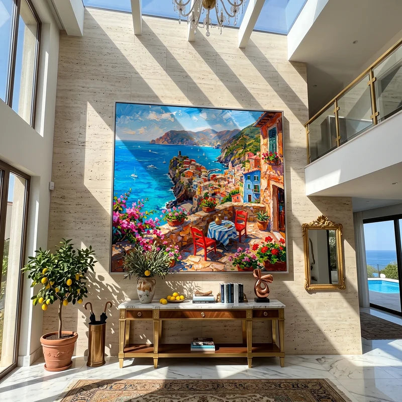Italian Coast Wall Art – Colorful Mediterranean Terrace Painting#yy825077