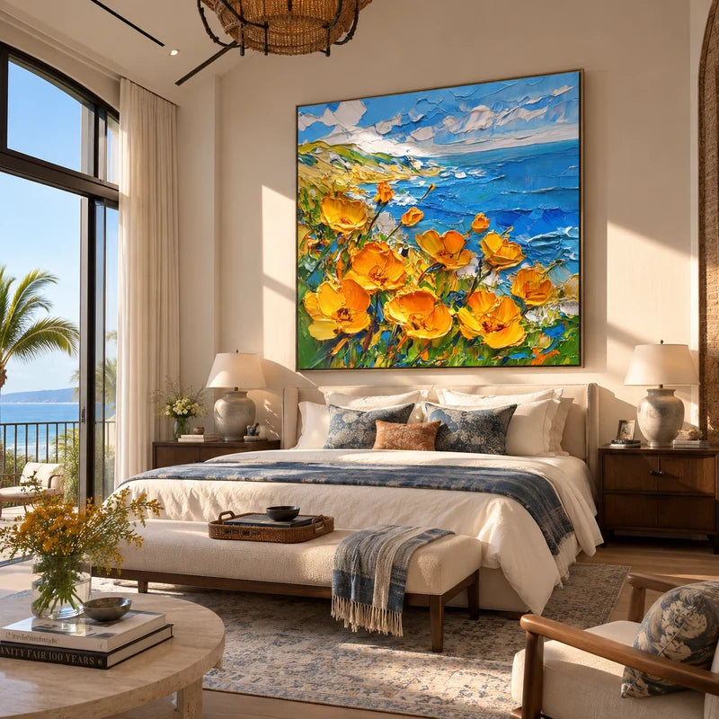 Orange Poppy Ocean Wall Art – Textured Coastal Flower Painting#yy825078