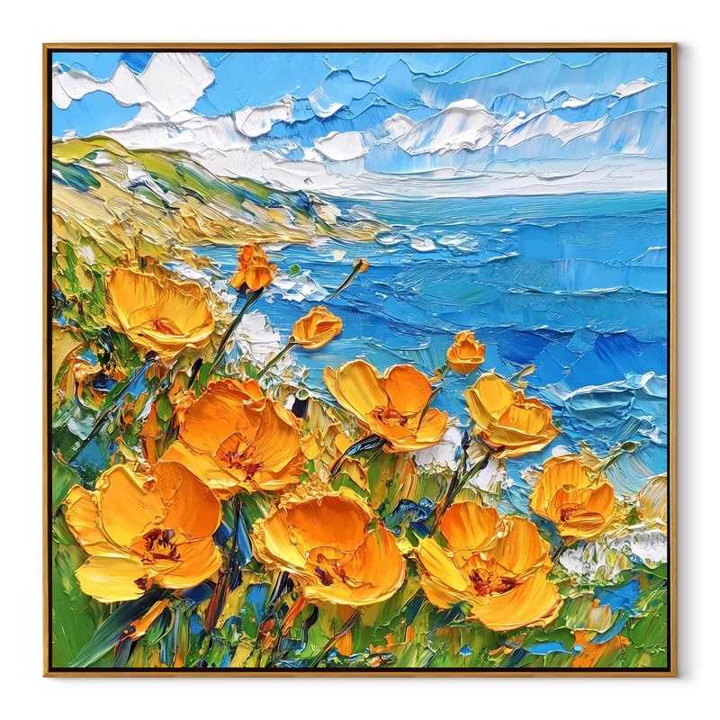 Orange Poppy Ocean Wall Art – Textured Coastal Flower Painting#yy825078