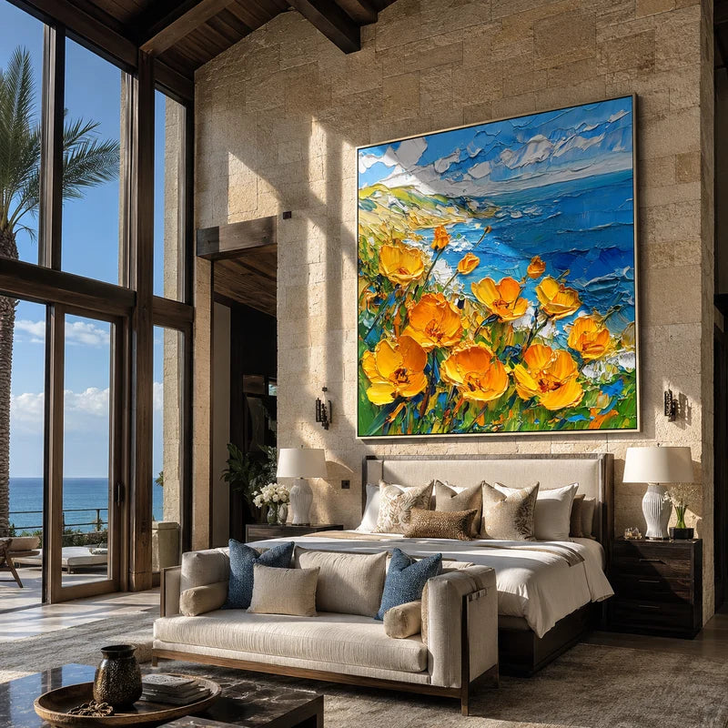 Orange Poppy Ocean Wall Art – Textured Coastal Flower Painting#yy825078