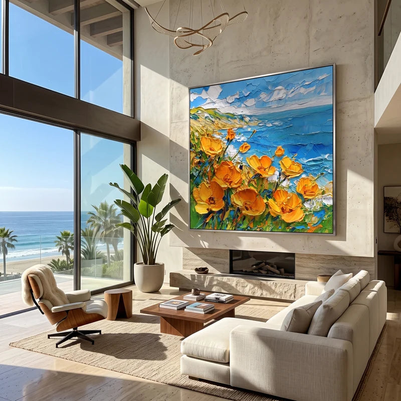 Orange Poppy Ocean Wall Art – Textured Coastal Flower Painting#yy825078