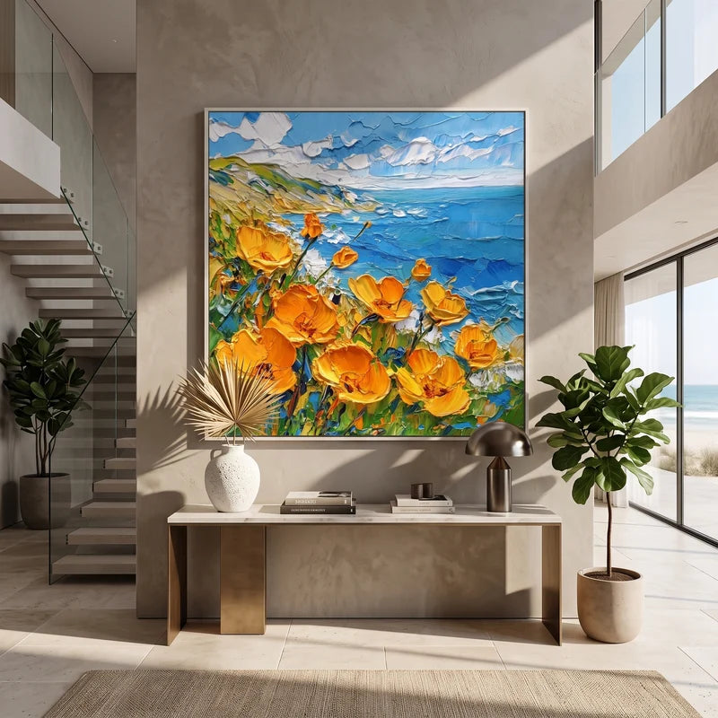 Orange Poppy Ocean Wall Art – Textured Coastal Flower Painting#yy825078