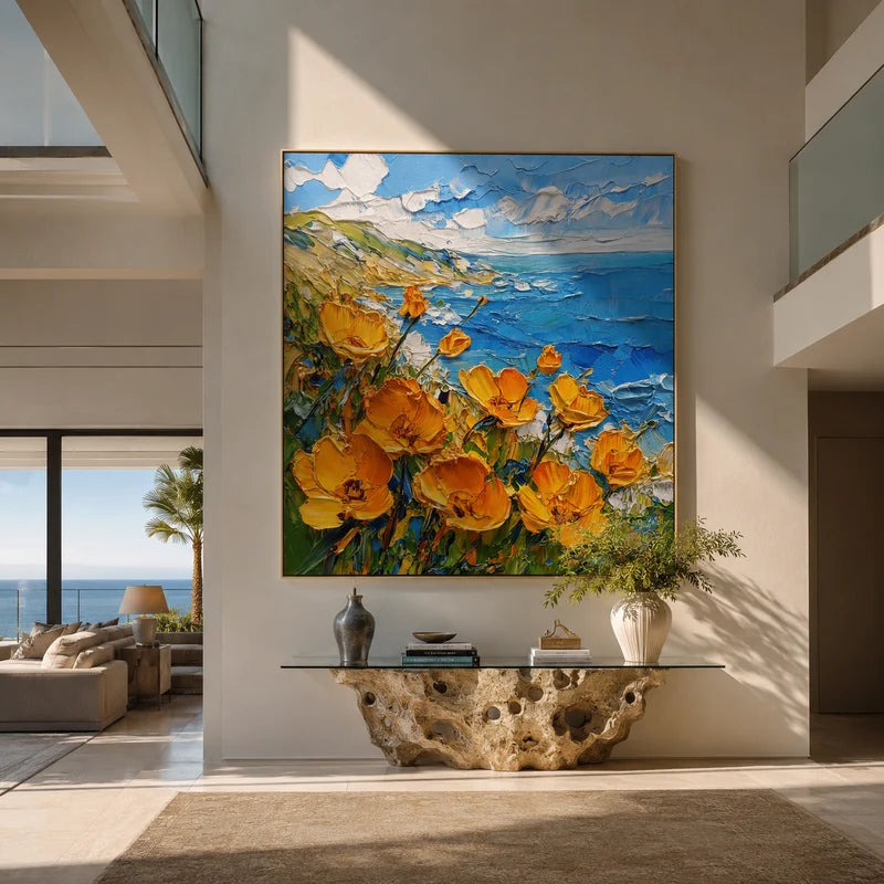 Orange Poppy Ocean Wall Art – Textured Coastal Flower Painting#yy825078