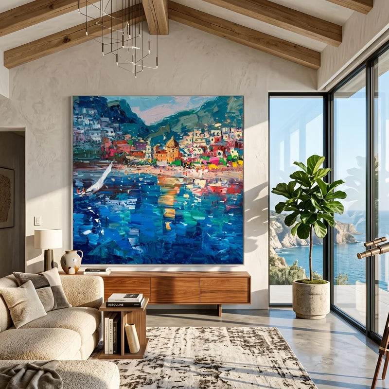 Colorful Italian Harbor Wall Art – Mediterranean Coastal Town Painting#yy825080
