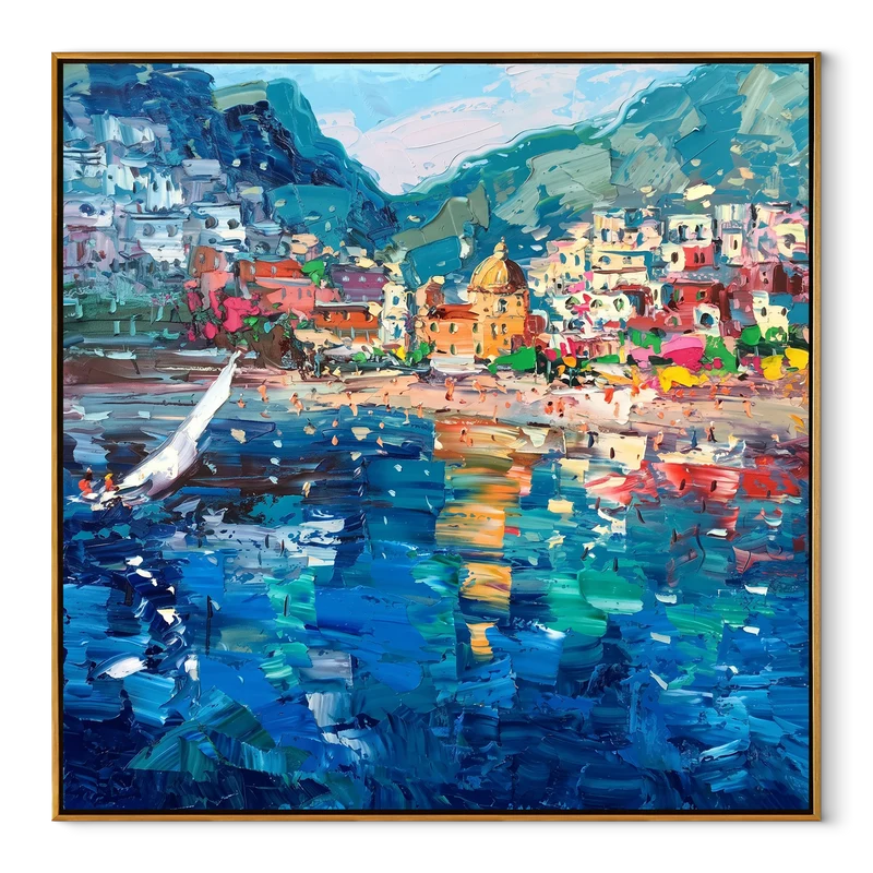 Colorful Italian Harbor Wall Art – Mediterranean Coastal Town Painting#yy825080