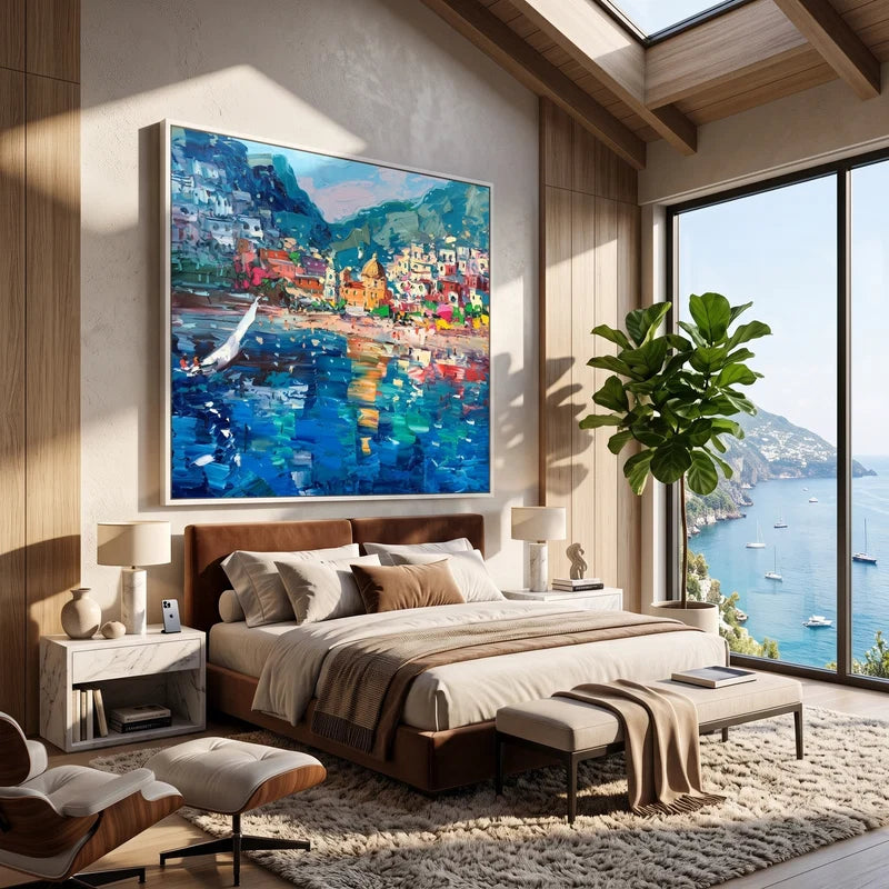 Colorful Italian Harbor Wall Art – Mediterranean Coastal Town Painting#yy825080